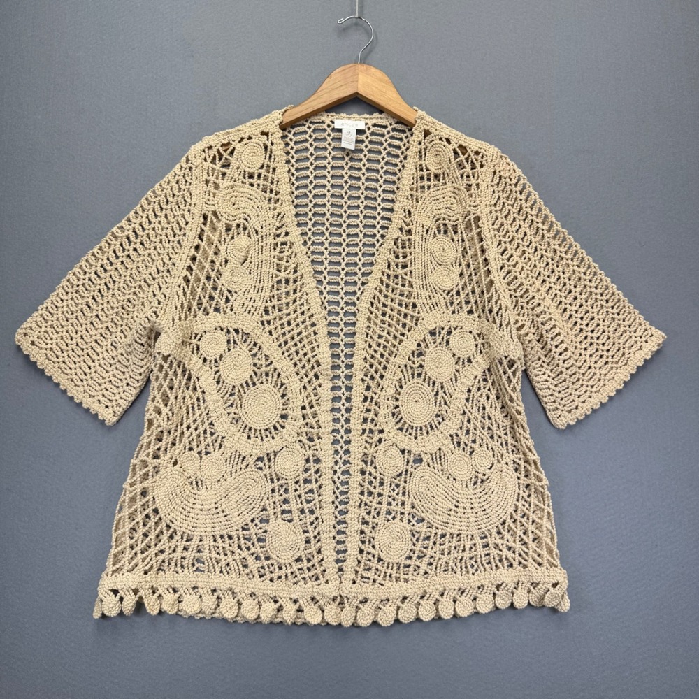 Chicos Crochet Willow Cardigan Sweater Short Sleeve Open Front Size 3/XL